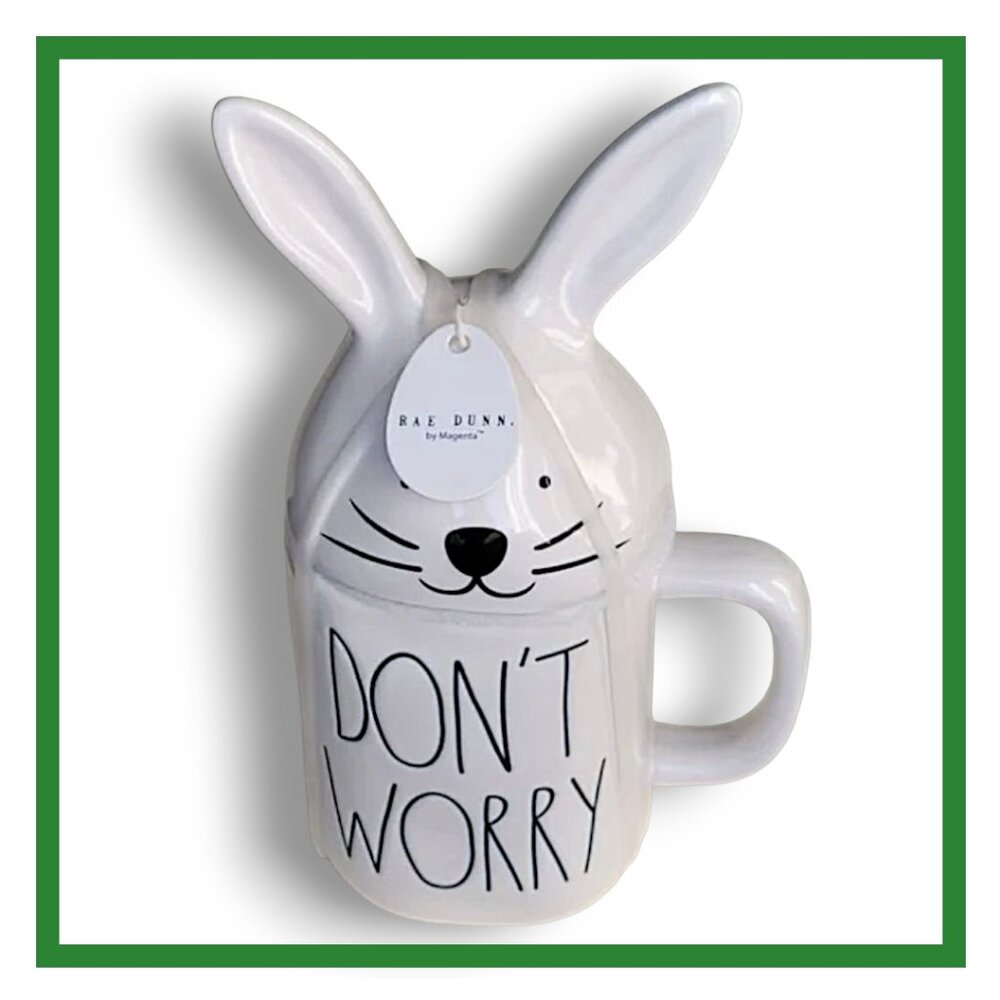 Rae Dunn "Don't Worry Be Hoppy" White Ceramic Mug with Bunny Head Lid